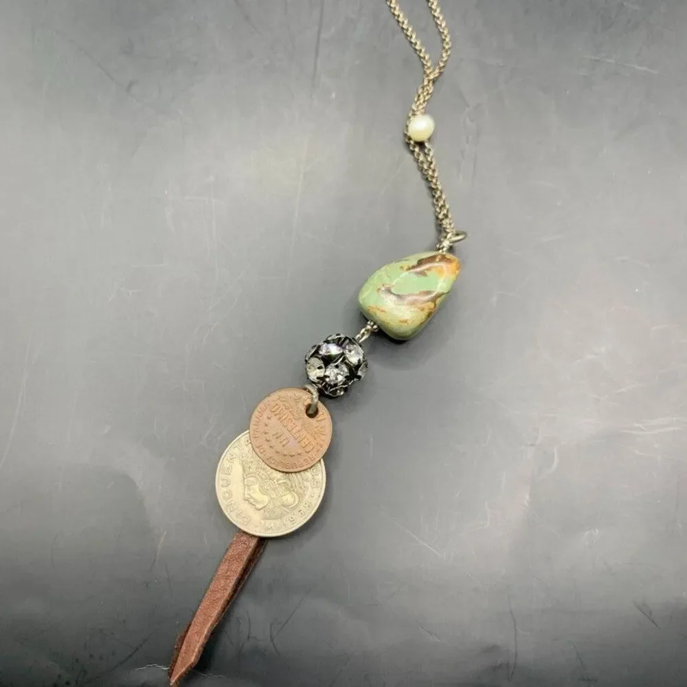 Handmade Artisan Necklace Jasper Pearl Panama Mexico Coins Leather Rhinestones